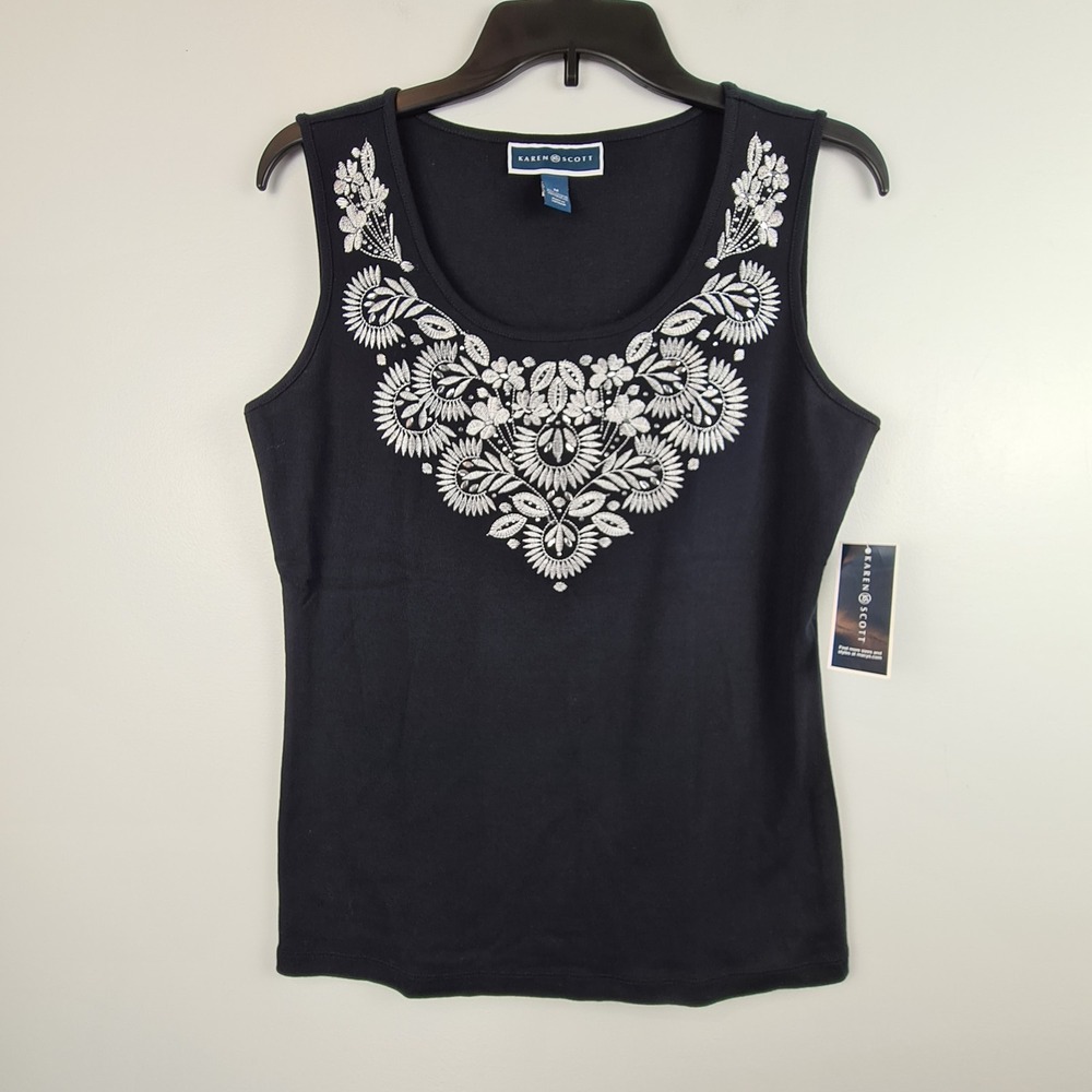 Karen Scott Women's Black Sleeveless Tank Top Medium Embroidered Neckline Blouse